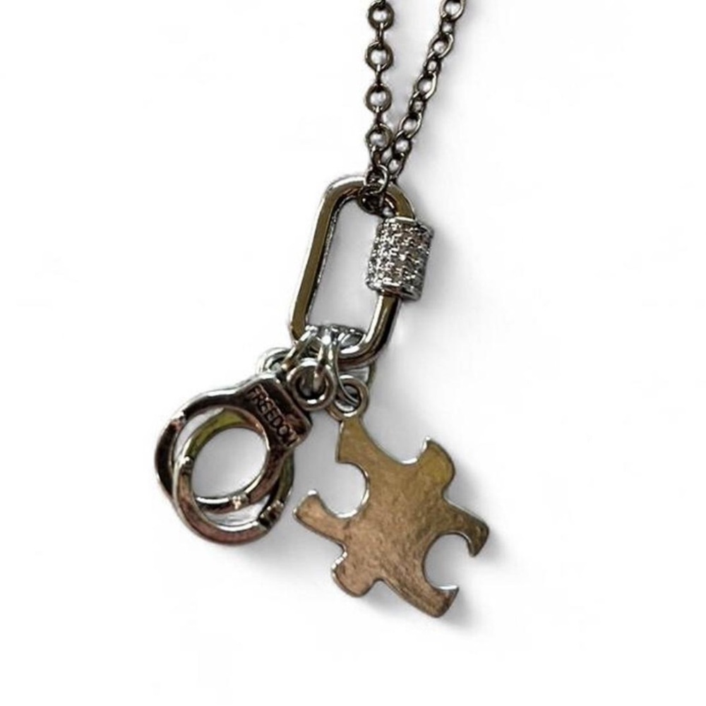 Silver Tiny Handcuff and Puzzle Piece Charms & Diamond Carabiner Necklace
